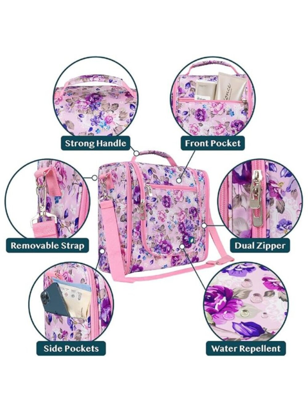 XL Floral Pink Hanging Toiletry & Makeup Travel Organizer NWT - Picture 3 of 5